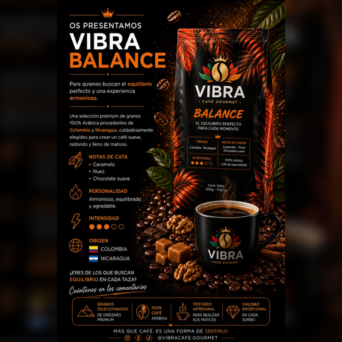 Ficha de VIBRA BALANCE: notas de caramelo, nuez y chocolate suave, origen Colombia y Nicaragua