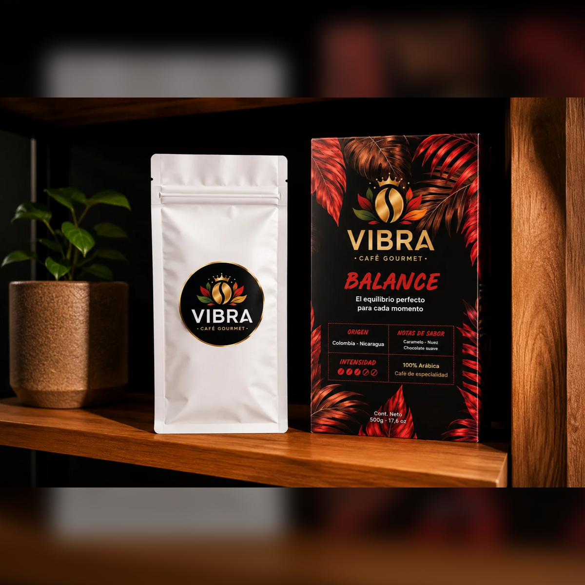 Taza de café VIBRA BALANCE con granos y caramelo: cada momento tiene su equilibrio