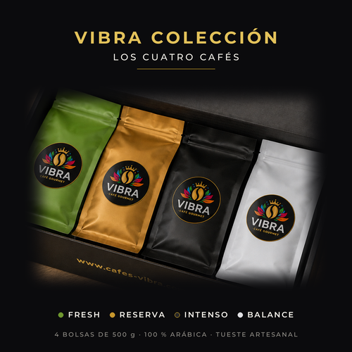 VIBRA COLECCIÓN: las cuatro bolsas de 500 g — FRESH, RESERVA, INTENSO y BALANCE — en su caja