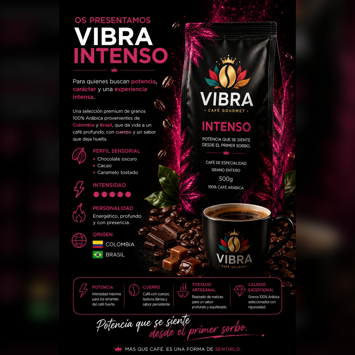 Ficha de VIBRA INTENSO: café de tueste intenso con notas de chocolate oscuro, 100% arábiga