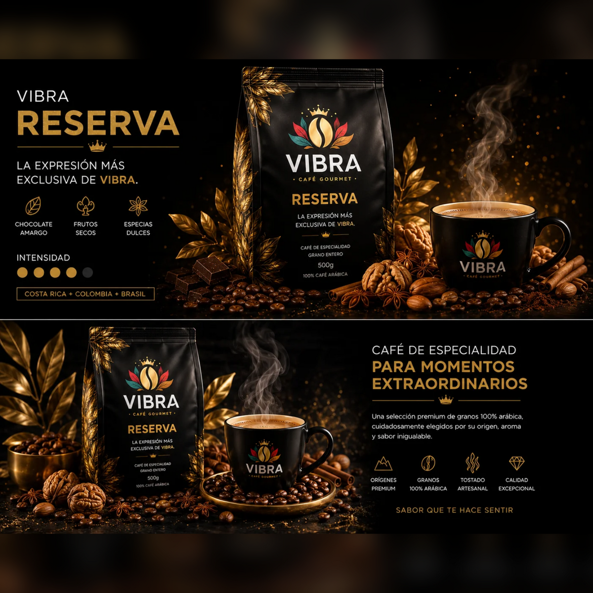 Bolsa de café VIBRA RESERVA 500 g con sus notas de cata: chocolate amargo, frutos secos y especias dulces